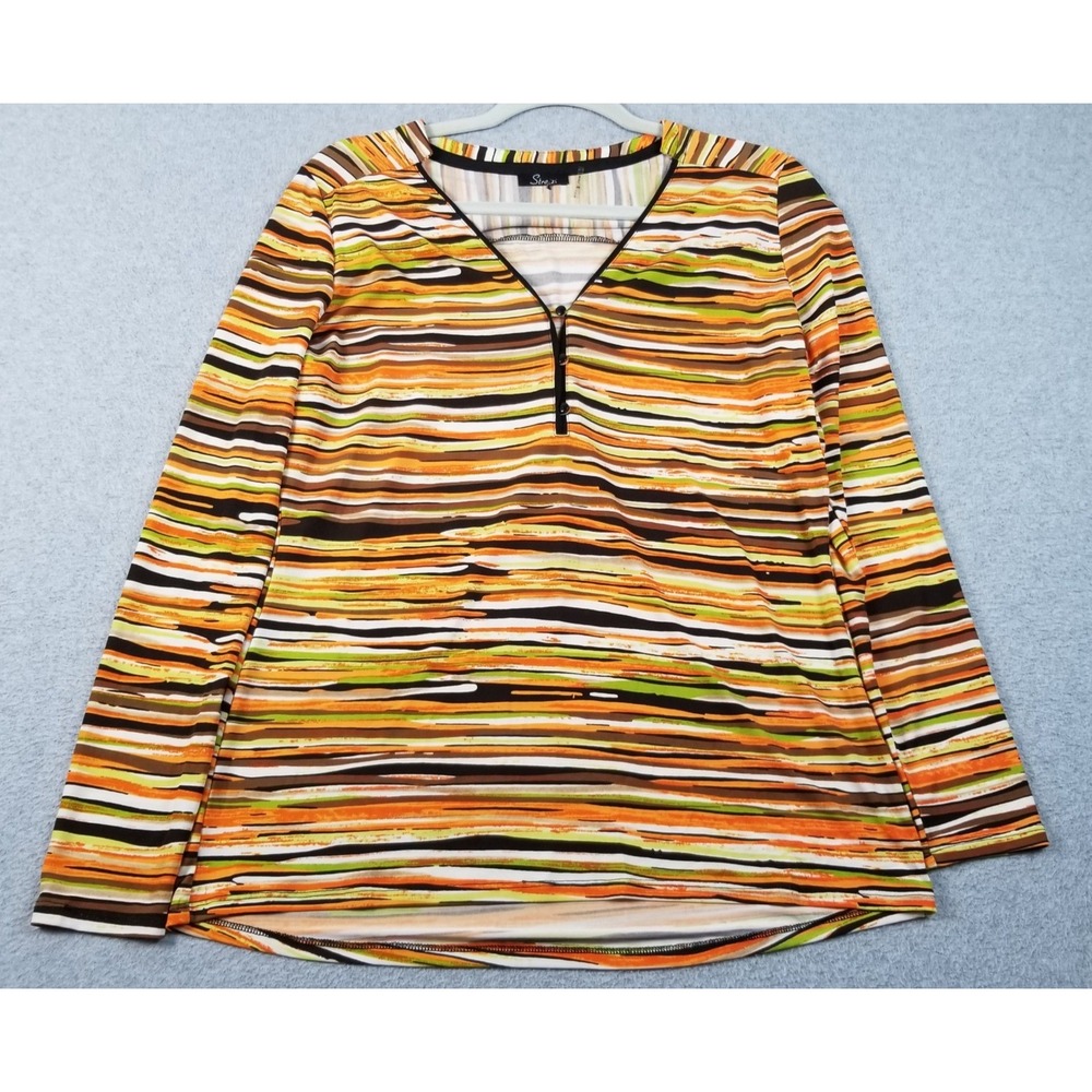 Strazzi Blouse Women Medium Multicolor Stripe V-Neck Long Sleeve Stretch Vibrant